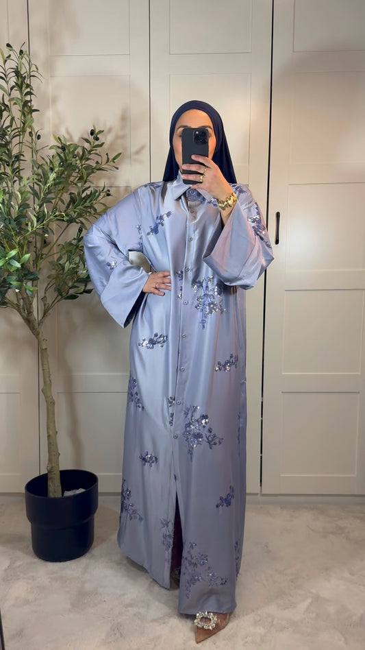 Abaya AMANI en satin à sequins brodés avec boutons I Bleu