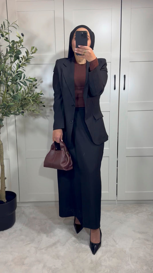 Ensemble tailleur blazer et jupe longue portefeuille à nouer sans fente I Noir