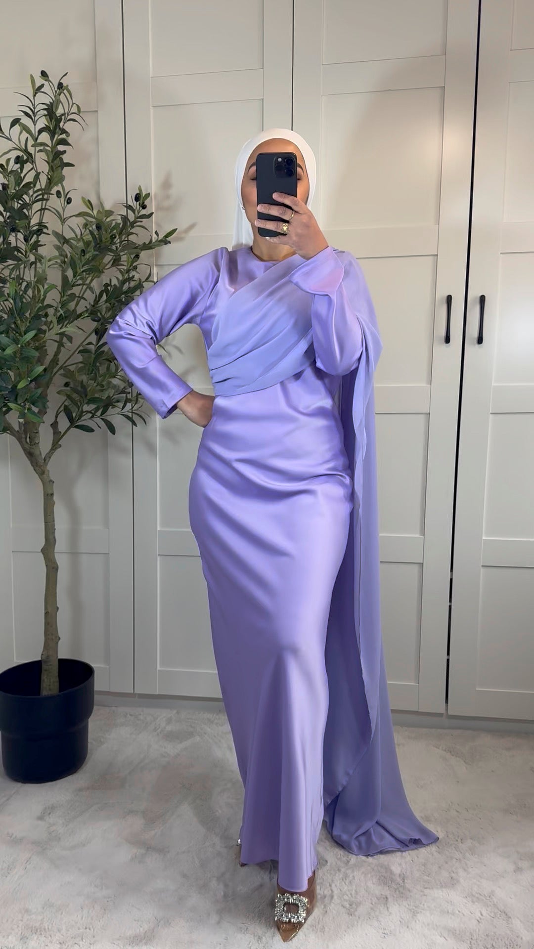 Robe longue ALYA manches longues empiècement voile I Lilas