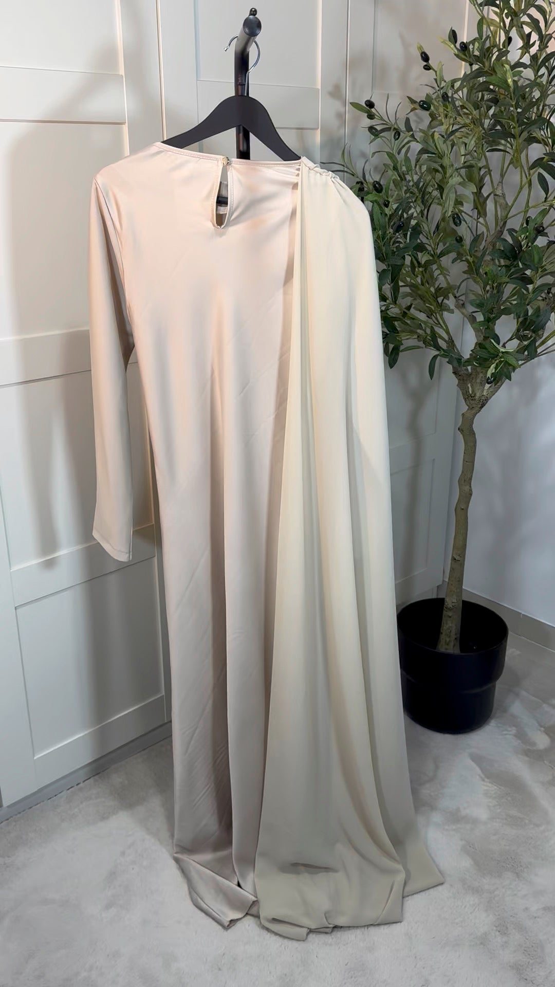 Robe longue ALYA manches longues empiècement voile I Beige crème