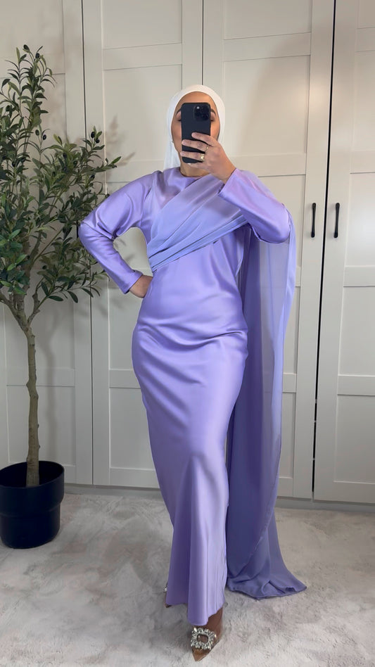 Robe longue ALYA manches longues empiècement voile I Lilas