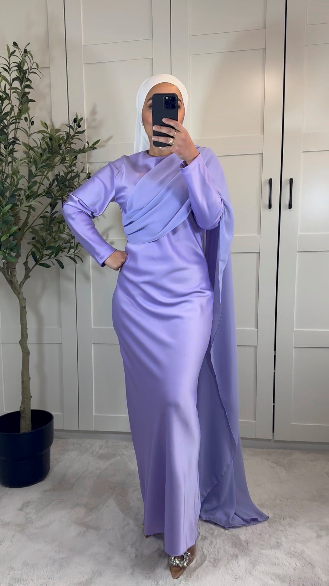 Robe longue ALYA manches longues empiècement voile I Lilas