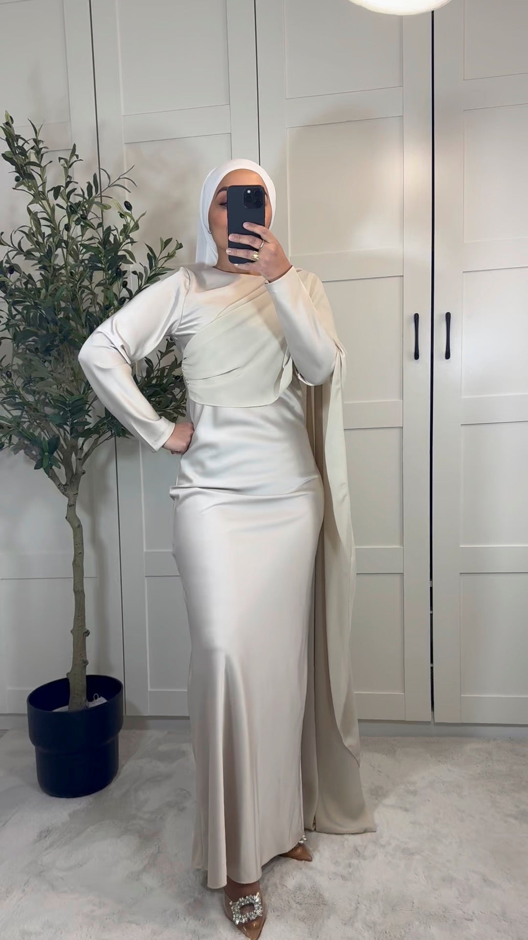 Robe longue ALYA manches longues empiècement voile I Beige crème