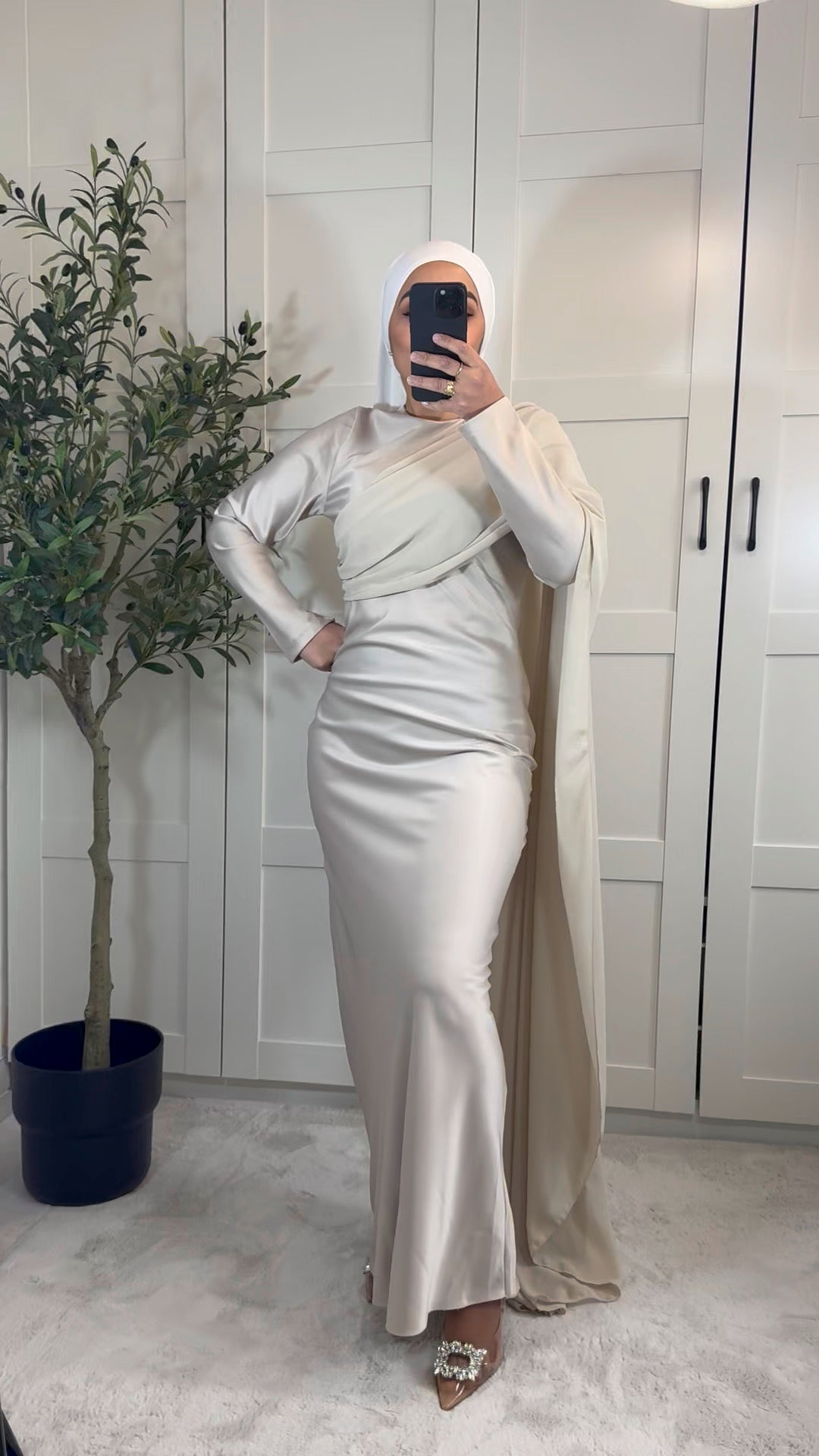 Robe longue ALYA manches longues empiècement voile I Beige crème