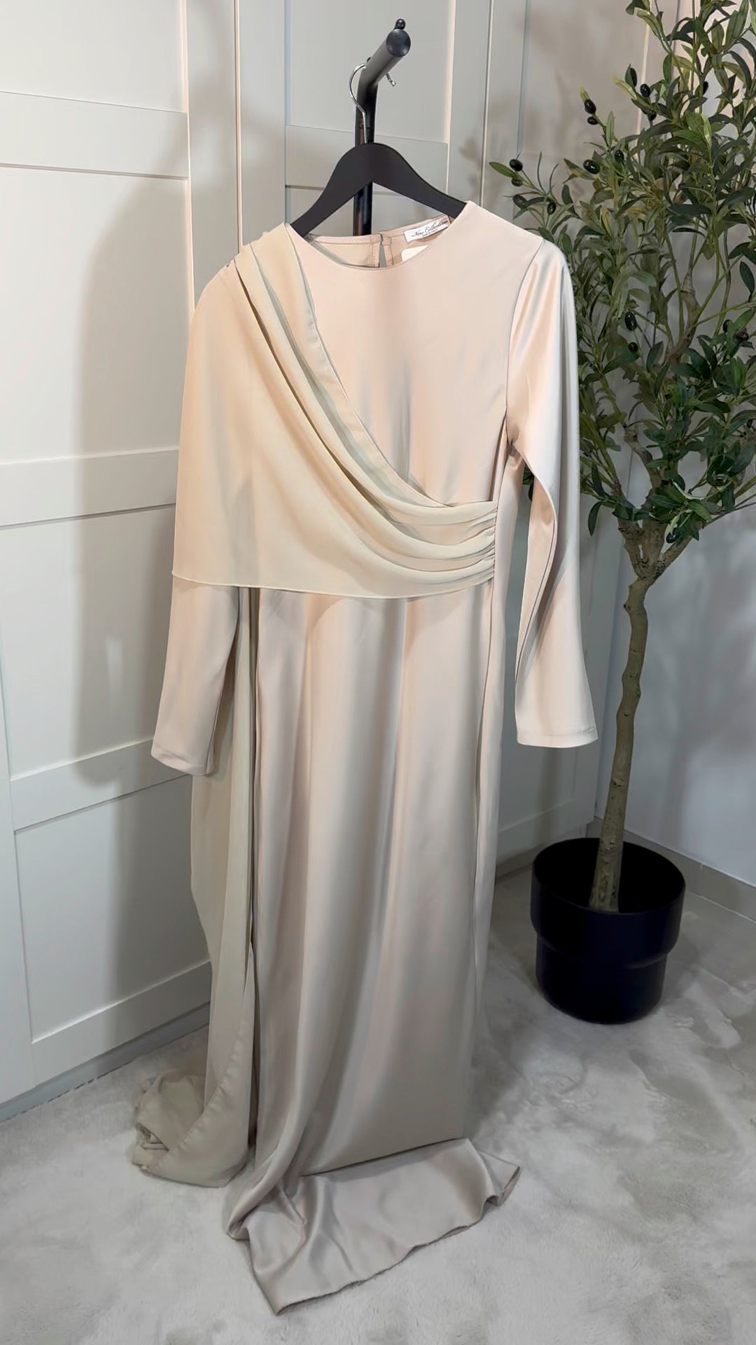 Robe longue ALYA manches longues empiècement voile I Beige crème