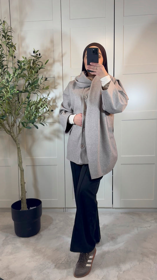 Veste cape oversize à boutons avec écharpe intégrée I Gris taupe