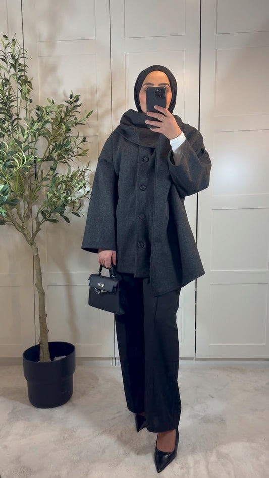 Veste cape oversize à boutons avec écharpe intégrée I Gris anthracite