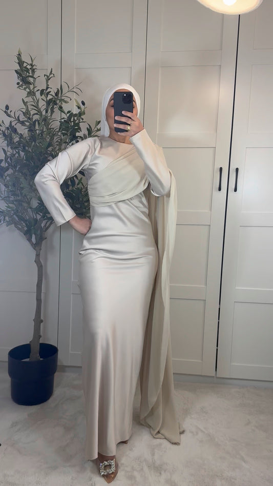 Robe longue ALYA manches longues empiècement voile I Beige crème